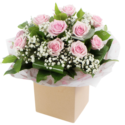 Dreamy Dozen - A dozen pink roses hand tied with Baby's breath